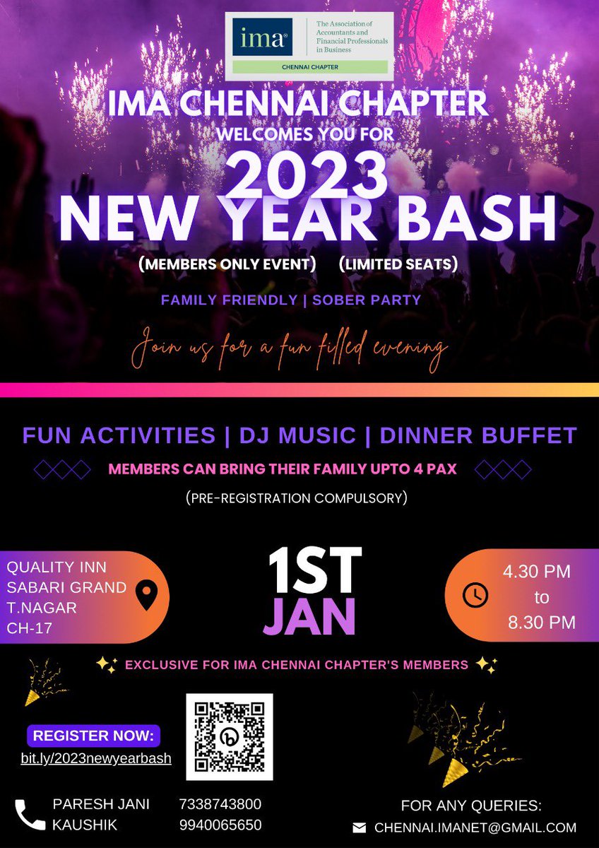 IMA Chennai Chapter invites you all,
Join us for a fun filled evening.
Event agenda:
•Fun activities by Corporate emcee
•DJ music and much more 
Terms &amp; Conditions:
•Free entry
•Kindly carry screenshot of your membership
Link: bit.ly/2023newyearbash