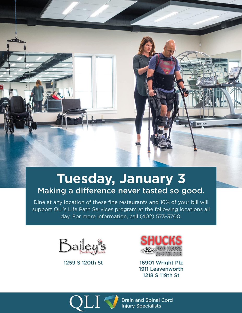 QLIRehab's tweet photo. Next Tuesday, January 3 head out for a delicious meal at any Shucks Fish House &amp; Oyster Bar location or Bailey's Breakfast &amp; Lunch and support your favorite nonprofit - QLI! This year, a whopping 16% of proceeds will support our Life Path Services program! https://t.co/rLTNt6Axbh
