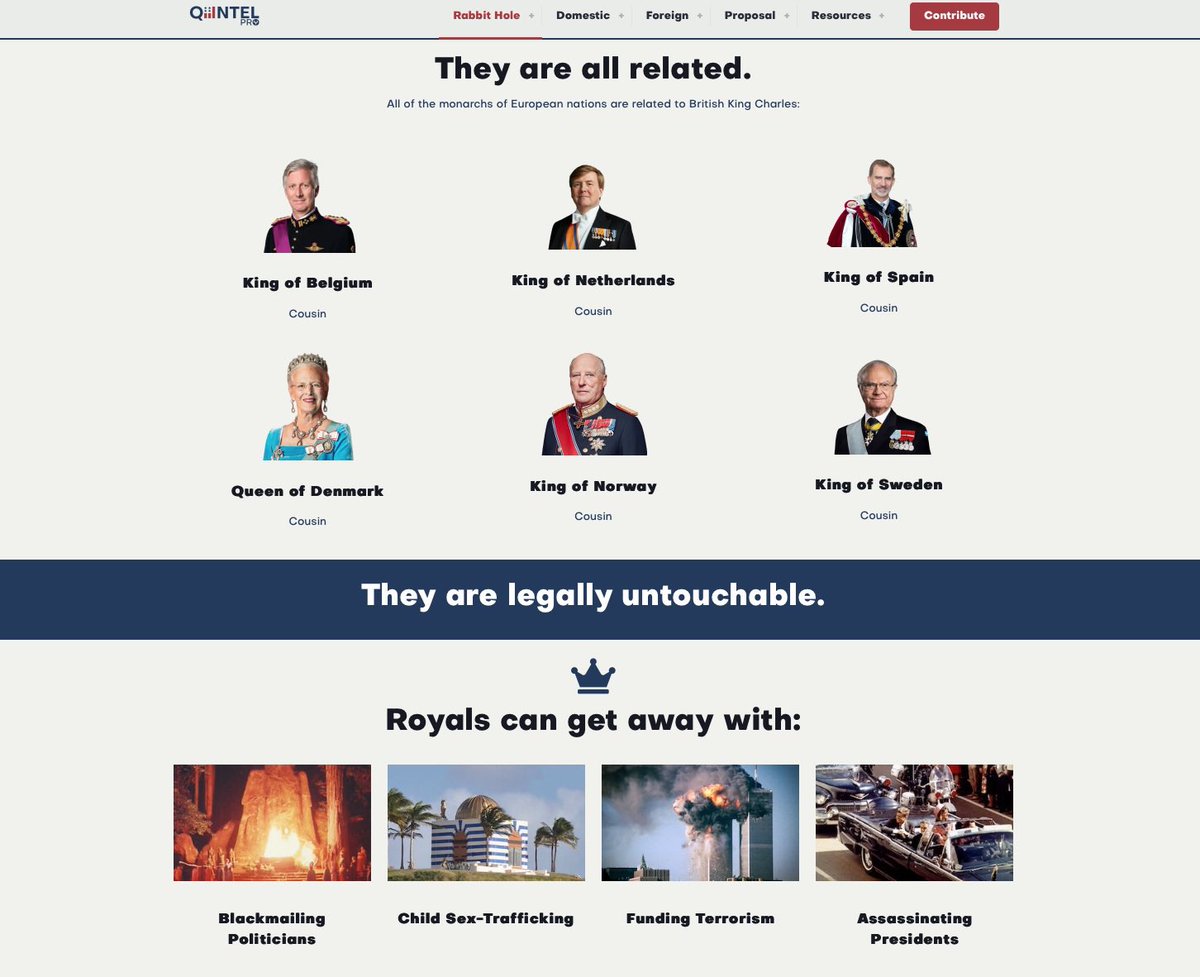 QINTELPRO_'s tweet image. Did You Know:

👑 All of the main Kings &amp;amp; Queens in Europe are related to each other.

🪖 Monarchs are the legal “commanders-in-chief” of their Militaries &amp;amp; Intel Agencies.

☠️ Monarchs can never be prosecuted, no matter what they do. 

Learn More At: qintel.pro/cabal