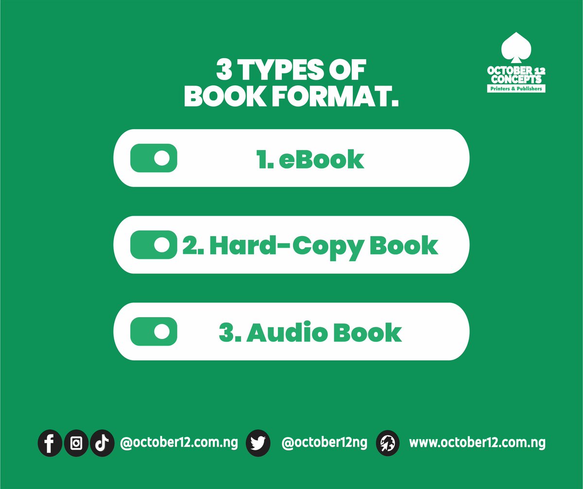 IamMOOnabanjo's tweet photo. 3 types of Book Format
1. eBook: This is also known as digital book or PDF format book
2. Hard copy book: The book that can be touched and feel
3. Audio book: The book that can be listen to in audio format
#IamMayowaOnabanjo
#bookpublisher
#printagent
#podcaster
#brandmaster https://t.co/i48EbBy7hL