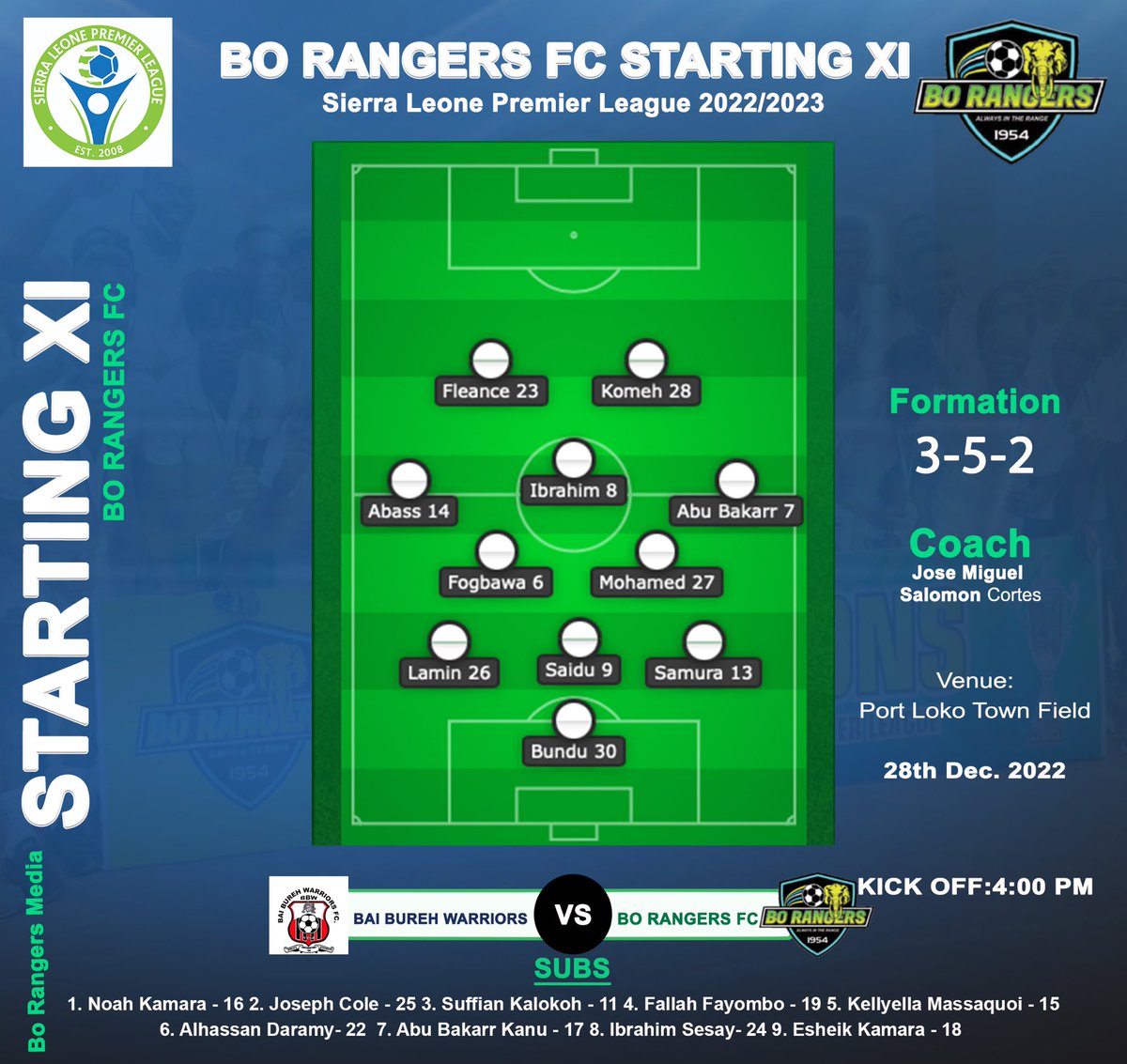 Our Starting XI 
Bai Bureh Warriors Vs Bo Rangers FC