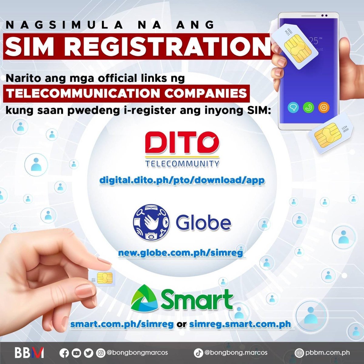 Kung may reklamo o karagdagang katanungan, tumawag lamang sa 1326 hotline. 

Official links:
• SMART - smart.com.ph/simreg or simreg.smart.com.ph 
• GLOBE - new.globe.com.ph/simreg 
• DITO - digital.dito.ph/pto/download/a…