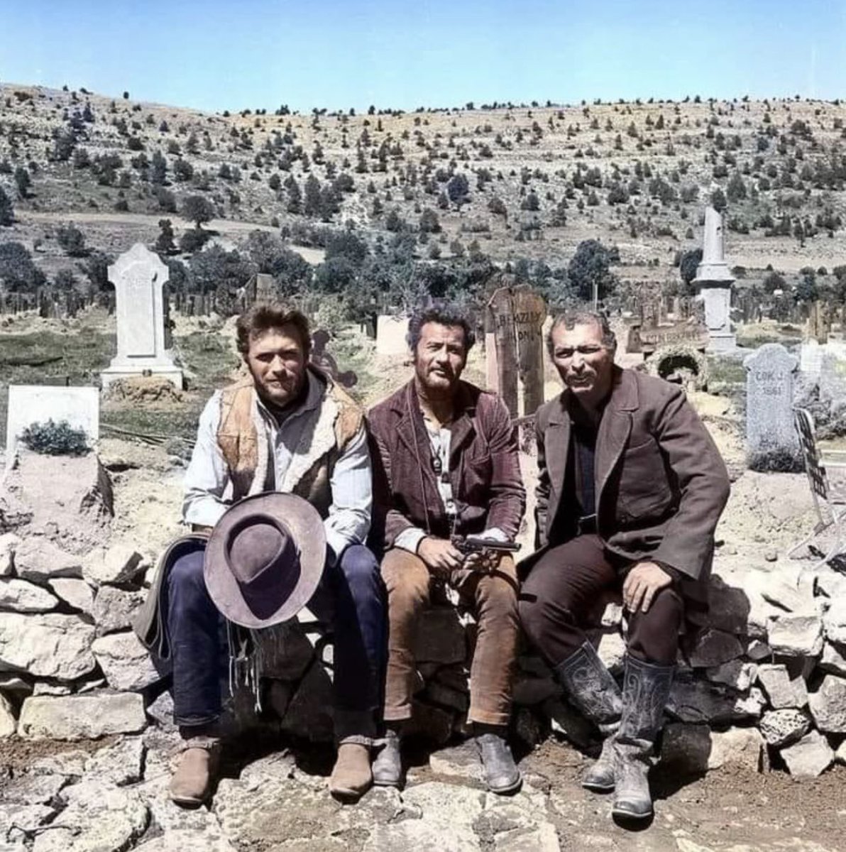 Clint Eastwood, Eli Wallach, and Lee Van Cleef on set of The Good, the Bad and the Ugly (Sergio Leone, 1966)