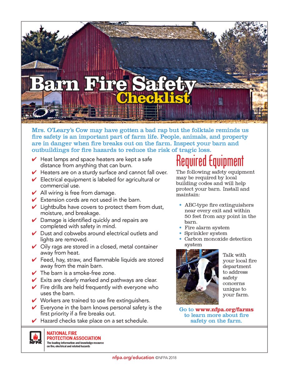 Fire_CW's tweet photo. #FireSafety is an integral part of farm life - people, animals, and property are all at stake when a fire breaks out. Follow these tips to ensure the safety of all and put a plan in place on what to do when a barn fire takes place. 

@NFPA @OMAFRA https://t.co/MlL1hy8rSV
