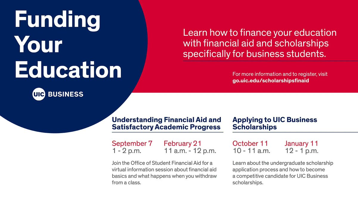 UICBusiness's tweet photo. Register for Applying to UIC Business Scholarships to learn about the undergraduate scholarship application process and how to become a competitive candidate. This virtual information session will be held on January 11 from 12 - 1 p.m.​ https://t.co/trBm3XZbG6 https://t.co/tlqov5ZbZD
