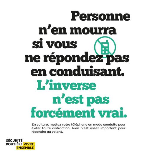 ⚠️🚗📵#Sécuritéroutière
Sur la route, le plus important, c’est d’arriver vivant

Le saviez-vous ? ➡ Téléphoner en conduisant détourne l'attention et multiplie par 3 le risque d'accident
Prudence sur la route !