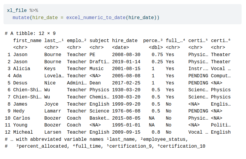 rappa753's tweet photo. 3 // Convert stupid Excel dates

Our lovely {janitor} can even convert those pesky Excel dates to something we can work with.

Check out how the hire_date column from our previous output is transformed to actual dates. https://t.co/3IVQ4Eqd1X