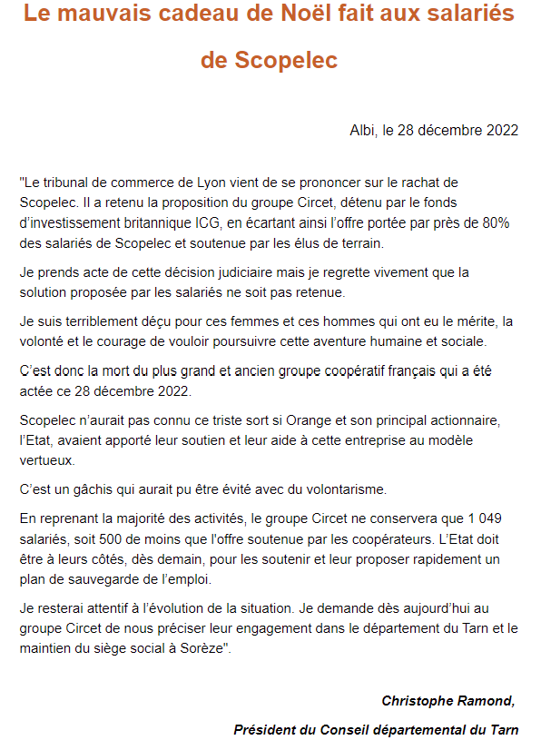 ramond_christ's tweet photo. Le mauvais cadeau de Noël fait aux salariés de @GroupeScopelec C’est la mort du plus grand et ancien groupe #coopératif français qui a été actée ce 28 décembre Je demande au groupe Circet de préciser leur engagement dans le #Tarn et le maintien de son siège social #Scopelec https://t.co/CajWUR1FT5