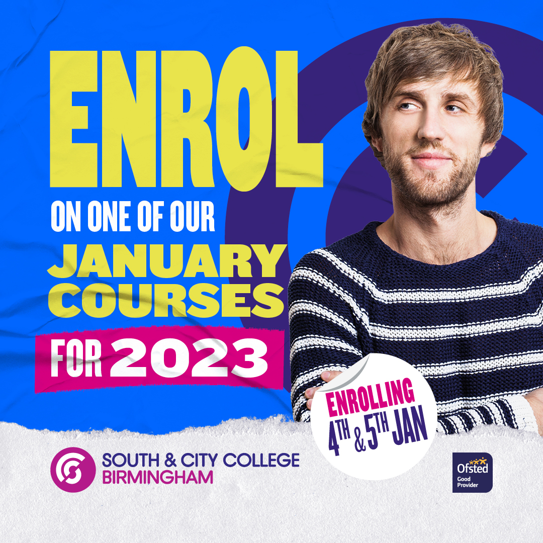 There’s just a week to go until our January enrolment! 

Kick-start your 2023 with one of our part-time, full-time or short courses starting this January!  
➡️ ow.ly/mvR350LW6BJ ⬅️ 

#SCCB #DoMore #Education #BirminghamCourses #JanuaryCourses #HigherEducation