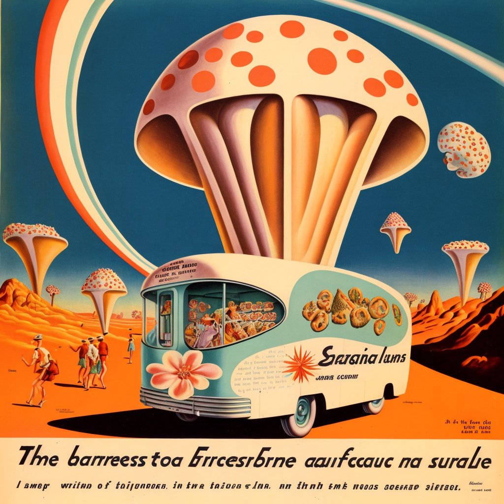 AICantDrawHands's tweet photo. Still driving that old petrol vehicle? 
Magic Mushrooms really are the only way to travel.
.
#surrealart #mushrooms #shrooms #magicmushrooms #psychedelic #travel #trippy #fakeads #psyart #generativeart #midjourney #aicantdrawhands #aiart #stonerart #machinelearning #amanita https://t.co/9d4IItzHZZ