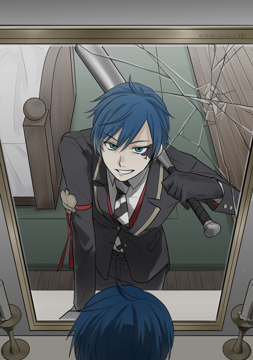 kaito (vocaloid) 1boy male focus mirror blue hair gloves blue eyes necktie  illustration images