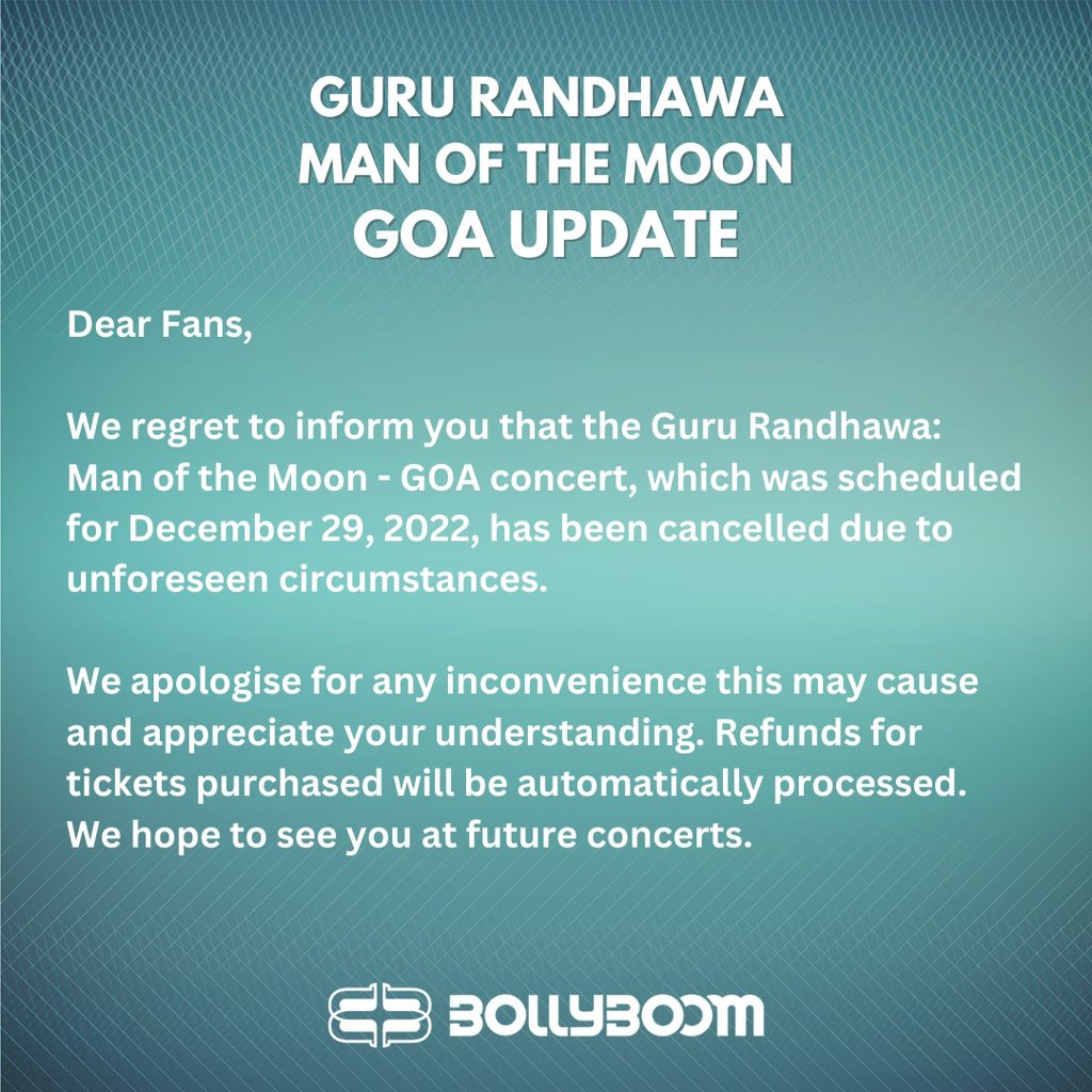 GURU RANDHAWA TOUR UPDATE
Due to unavoidable circumstances the Guru Randhawa Man of the Moon Goa event has been cancelled. 
We will be back soon!