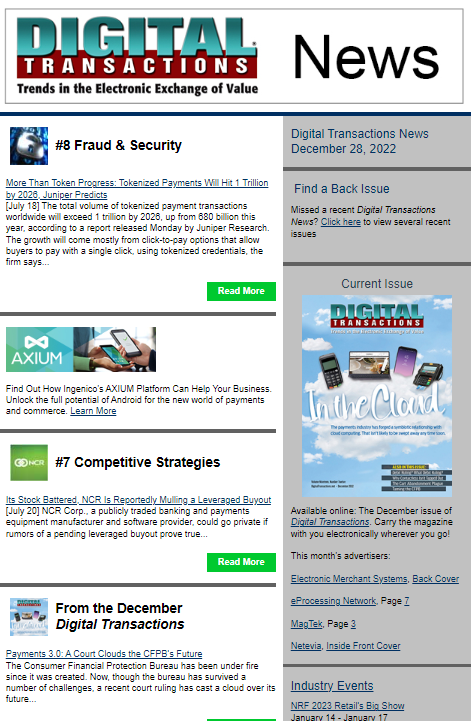 DTPaymentNews's tweet photo. Todayβs Digital Transactions News: Nos. 7 & 8 in the Top 10 Countdown; MoneyGram Links to CellPay for Bill Pay
#NCR #atms #tokenizedpayments #JuniperResearch #tokens
https://t.co/wHjiNuSTqe https://t.co/TJZHrNUwuI