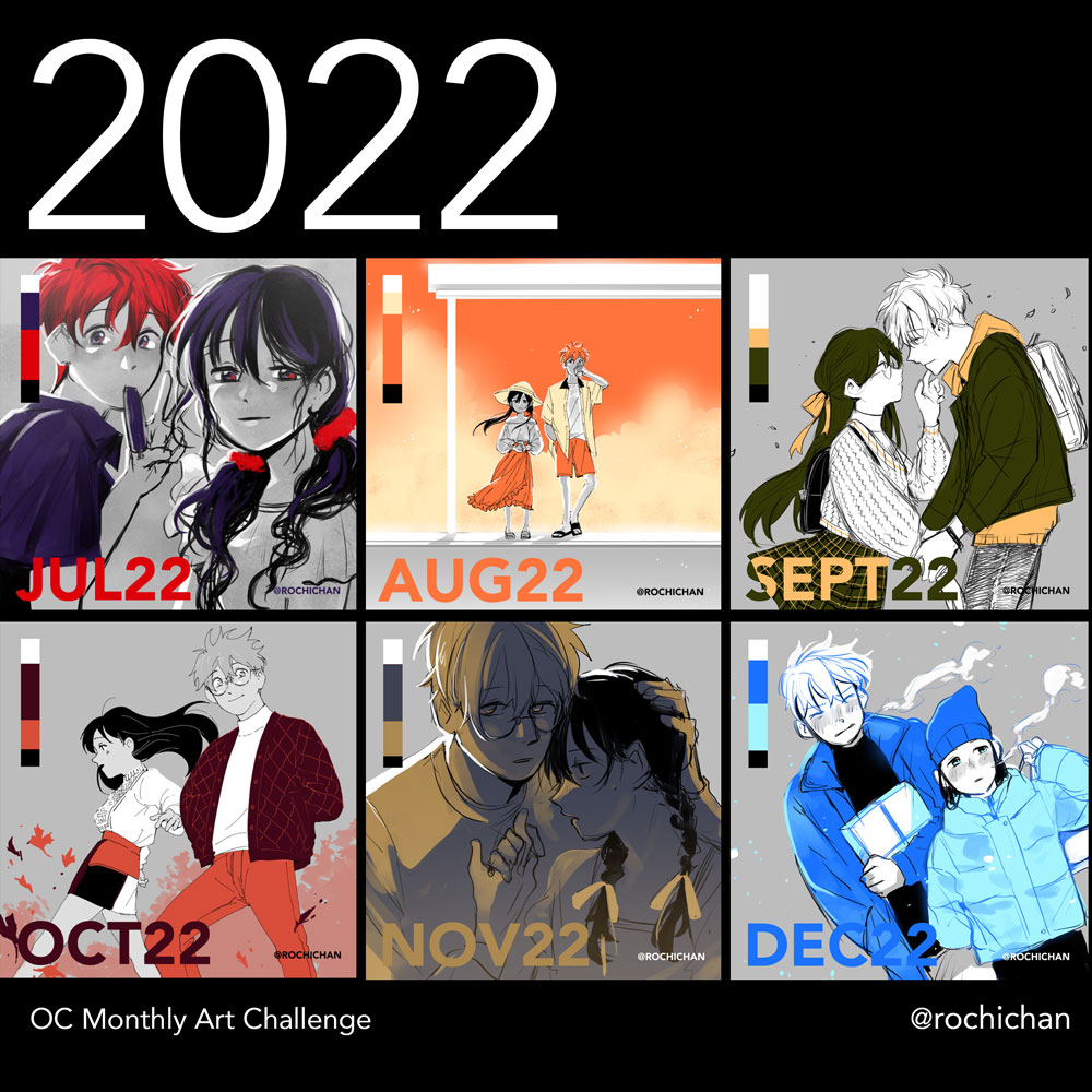 my monthly art challenge for 2022 is DONE--it definitely varied this year LOL but still cool to see everything all together! #btc_comic #outfitsforocs 