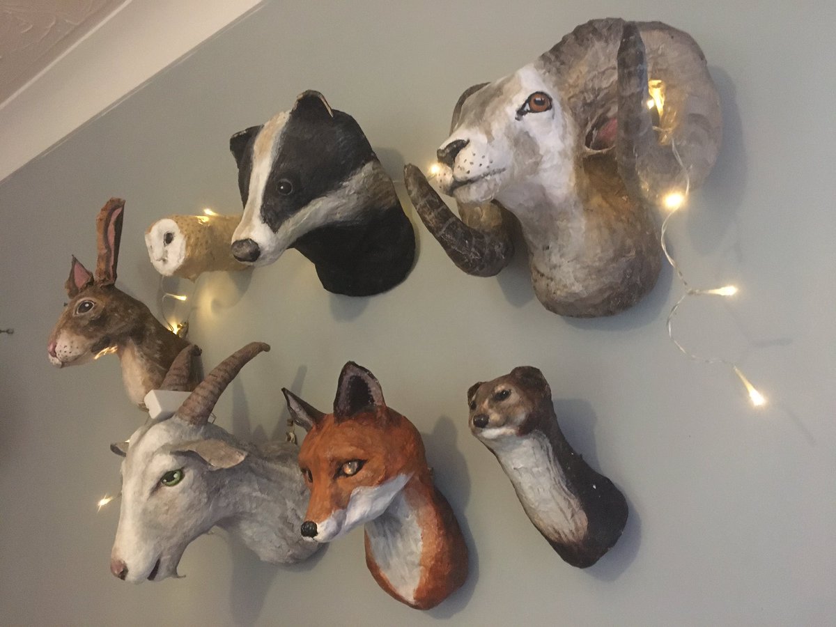 Vicstan's tweet photo. I have made this collection of fake taxidermy out of recycled packaging. #faketaxidermy #friendlytaxidermy # papermacheanimals https://t.co/jhrx6UHJdy