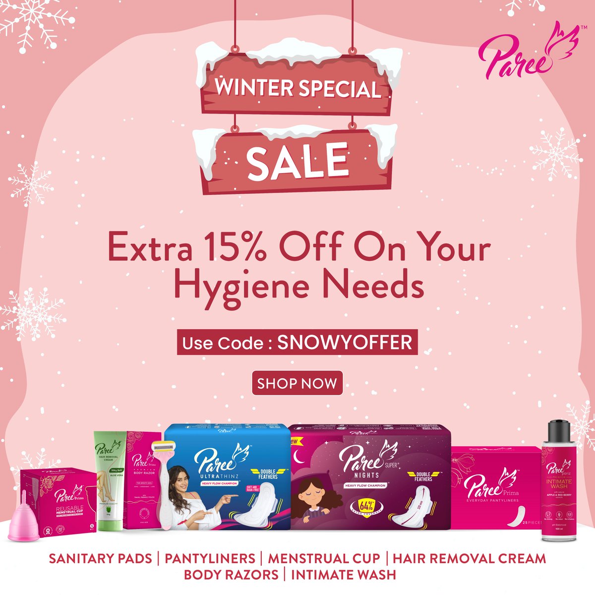 PareeGirl's tweet photo. Paree’s Winter Special Sale is here! Use the code SNOWYOFFER to stock up on your favourite hygiene essentials with an extra 15% off! Hurry, click here to shop now: https://t.co/9fTRYyuGzI
.
.
.
#Paree #SanitaryPads #menstrualhealth #periodhealth #comfortablepad #wintersale https://t.co/SdPyTxNBOK