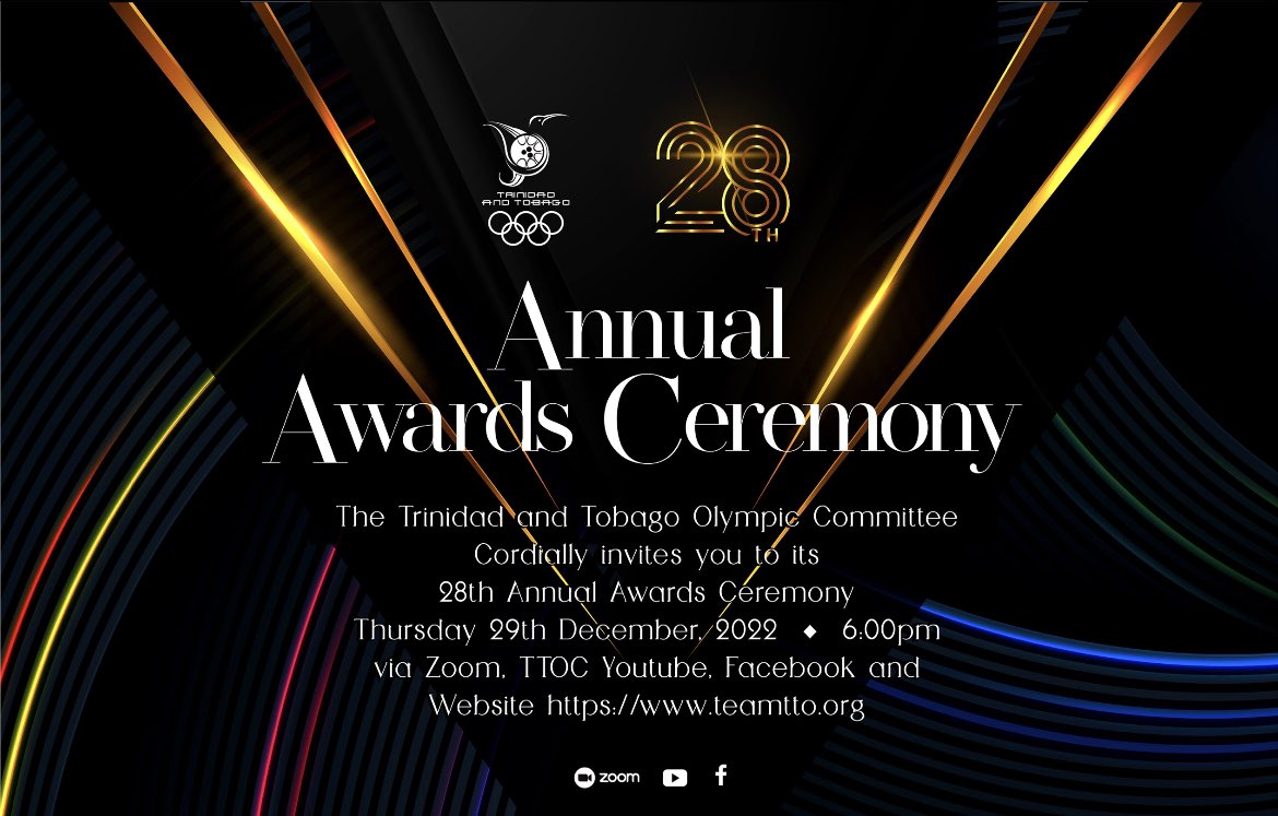 TTOlympic's tweet photo. Join us online for the Trinidad and Tobago Olympic Committee Annual Awards 2022 as we celebrate our men and women in sportโจ
Thursday 29th December @ 6:00pm
#VirtualAwards #AnnualAwards2022 #TeamTTO #FutureIsFemale #AnnualAwards #Sportmen #Sportwomen #PeoplesChoiceAwards ๐๐โจ https://t.co/KUbxcqkV0x