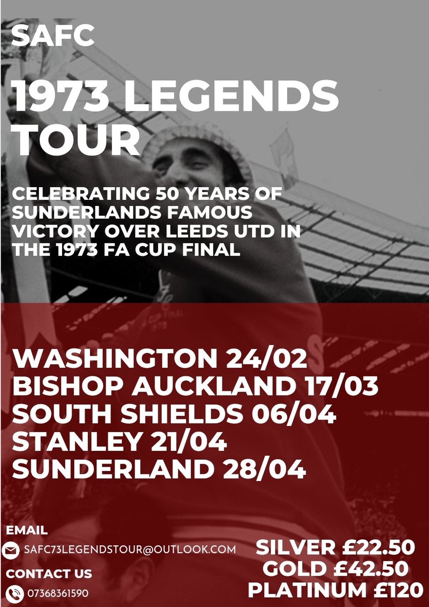 73LegendsTour's tweet photo. Tickets are now on sale for the #SAFC Legends of 73 Tour coming in 2023..

Celebrate the 50th anniversary of Sunderland AFCs famous FA Cup victory over Leeds Utd 

https://t.co/arl5tkwkkt https://t.co/HJT4g62xOd