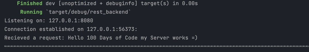 VaxCro's tweet photo. Learning Rust, started a bit ago. To Keep motivated i reactivate this as a tracker for my progress.

Im writing a backend HTTP Server in Rust and managed to get it running and recieve GET Requests.

Day 5/100

#100DaysOfCode #100daysofcodechallenge #Rust https://t.co/GytFtuir6g