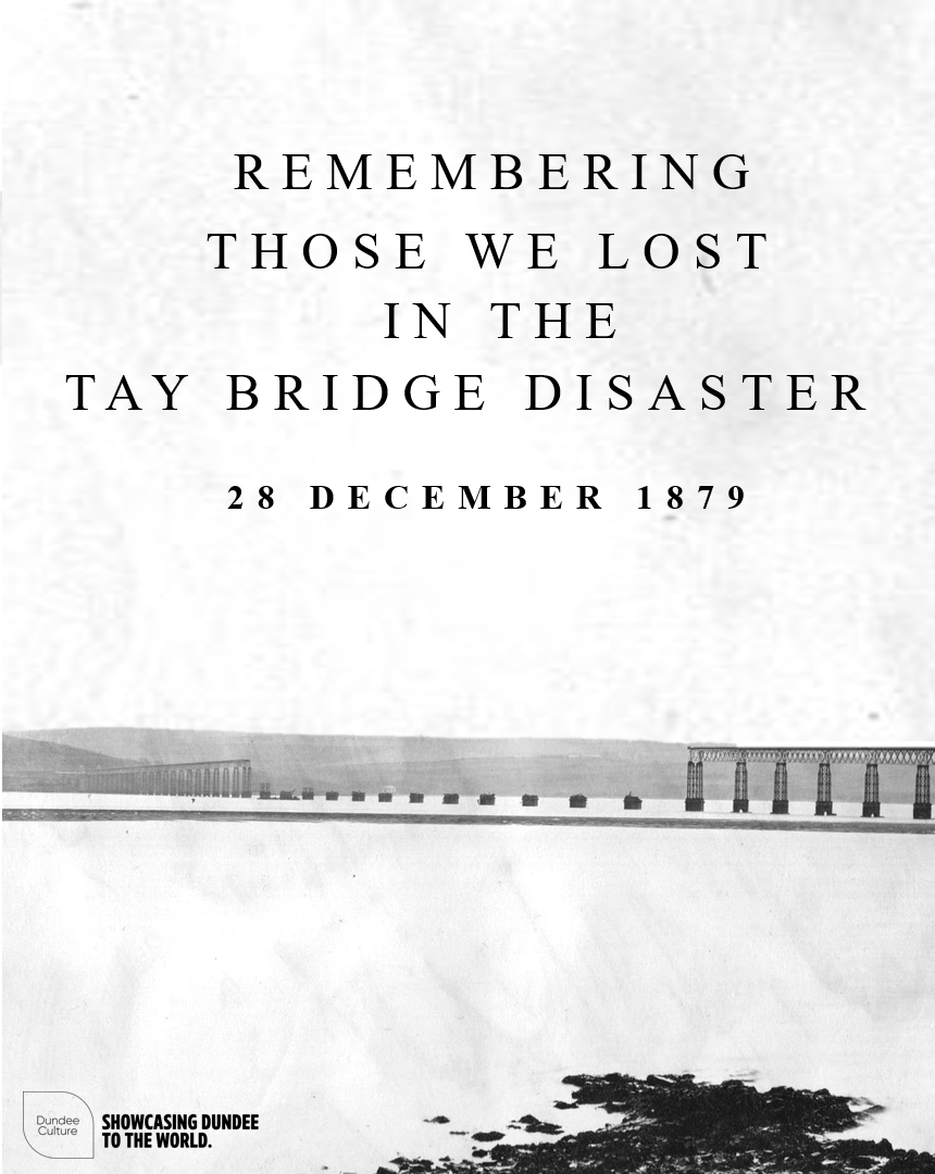DundeeCulture's tweet photo. 💔 Today marks the 143rd anniversary of the Tay Bridge Disaster which claimed the lives of 75 people when the bridge collapsed during a violent storm. We remember those who perished when the bridge collapsed. #TayBridgeDisaster #NeverForgotten https://t.co/seqFxATAB8