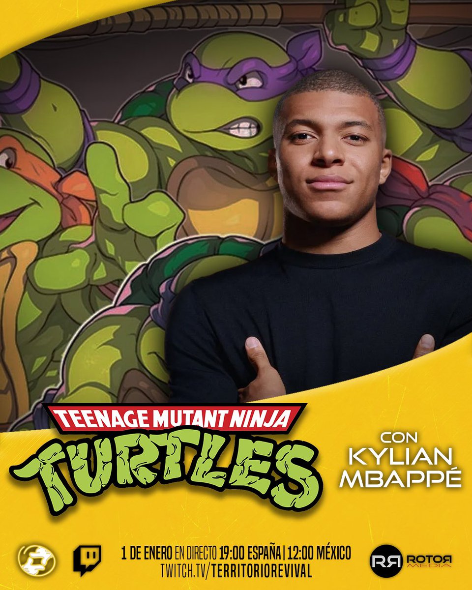 revivalpluses's tweet photo. 🎊 Celebramos el año nuevo de un forma muy especial hablando de LAS TORTUGAS NINJA 🐢🥷

Y para ello traeremos al invitado más especial que ha pisado Territorio Revival hasta ahora: KYLIAN MBAPPÉ 🤩⚽️

¡Te esperamos este domingo en Twitch a las 19:00 (hora española)! 💛 https://t.co/tFNC3g9fNW