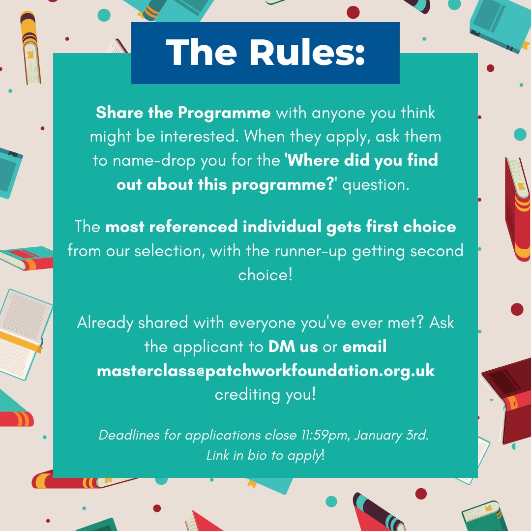 UKPatchwork's tweet photo. Friendly reminder that if you share applications for our 2023 #MasterclassProgramme you could be in with a chance to win one of two books! The deadline for applying is 11:59pm, January 3rd, so time to get sharing โ https://t.co/zJ31H8ELFJ