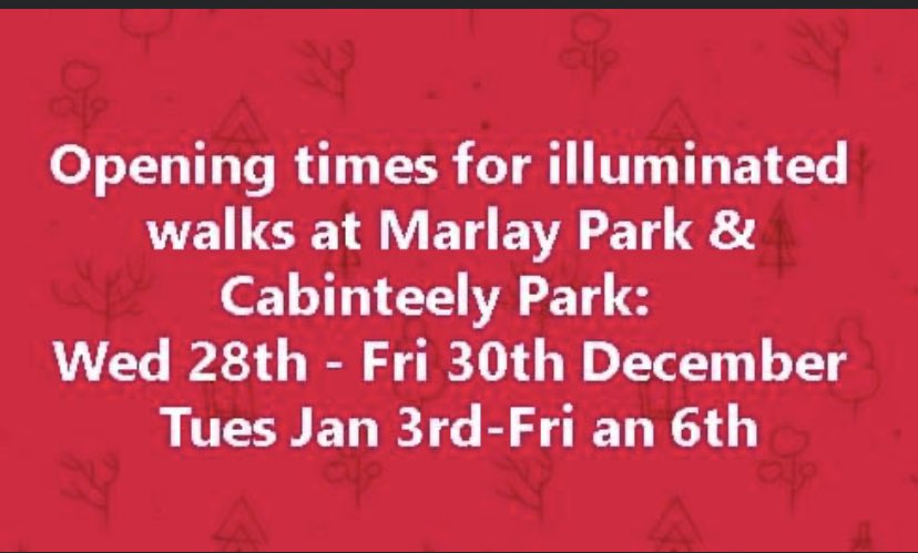 Our illuminated walks at Marlay Park &amp; Cabinteely Park have been so popular this year.
Please Note:  During the Christmas Holidays the lighted walks at Marlay Park &amp; Cabinteely Park will be open on Wed 28th to Fri 30th December and Tues Jan 3rd to Friday Jan 6th🌳🎅🌲
#dlrevents