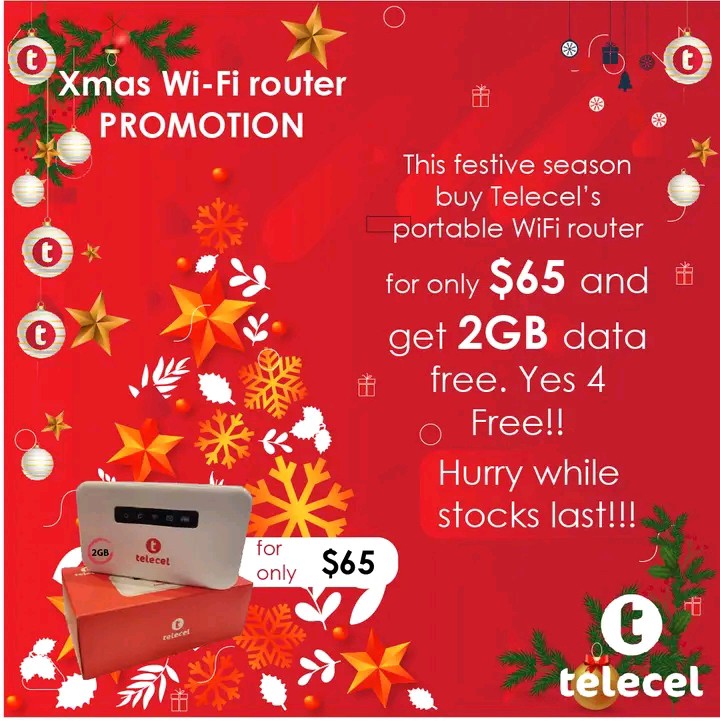 Telecel_Zim's tweet photo. Do not get left behind, buy the portable Wifi router today for only $65 and get 2GB of data for free, MAHALA!! Hurry whilst stocks last.
#TellSomeone
#ChristmasPromotion
#WifiRouterPromotion https://t.co/v0DdR0FT7a