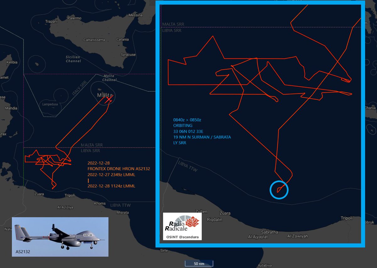 scandura's tweet photo. Today in area ๐ข
2022-12-28
1124z โฑ๏ธ 12:24 CET
SAR busy
๐ฉ๏ธ Frontex drone ๐ช๐บ HRON #AS2132 is landing in Luqa #Malta after a long (11h35') patrol mission over the western Libyan SRR w/various orbits.
(OSINT via Radio Radicale)
#migrants #Libya #migranti #Libia https://t.co/Cx1mnt2ldh