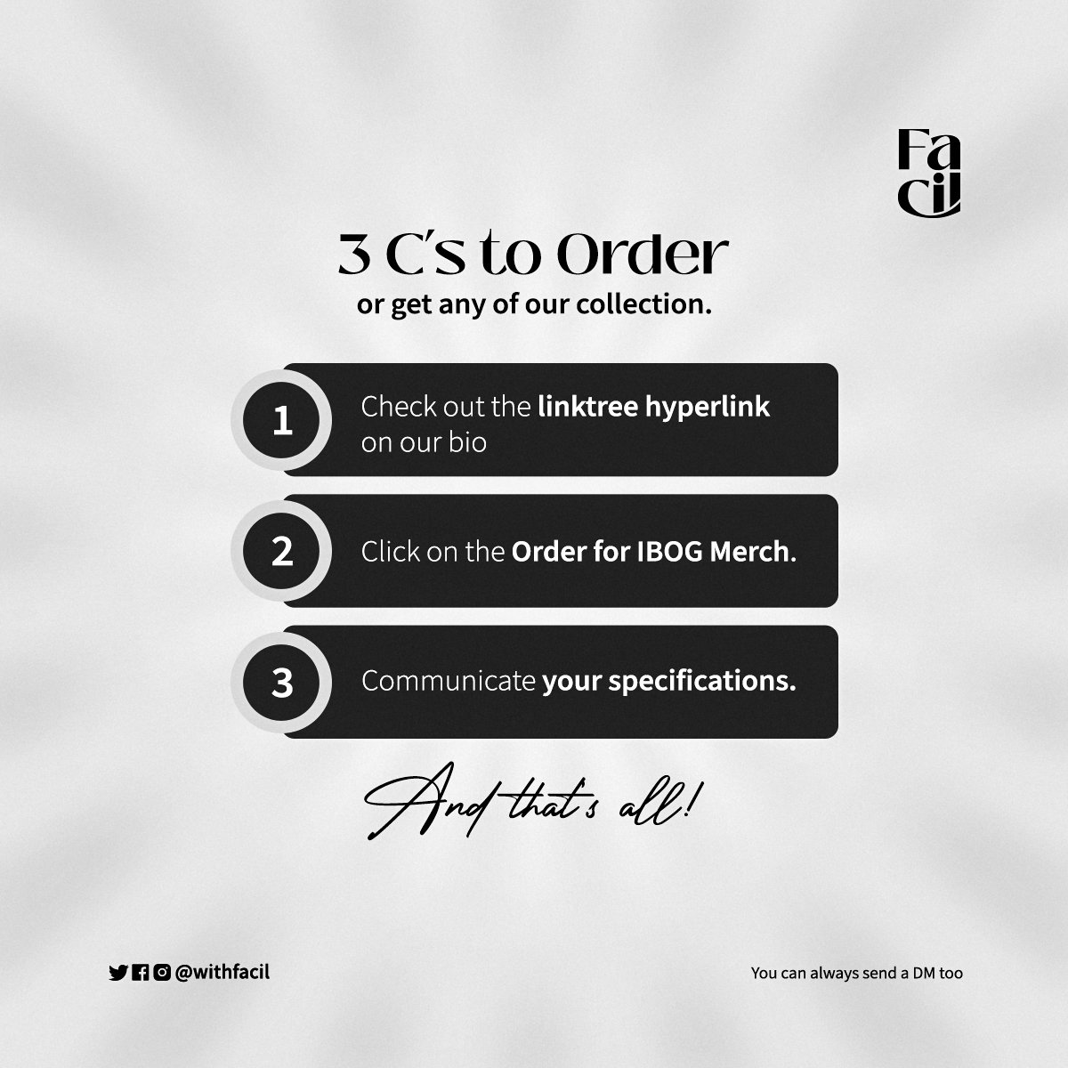 withfacil's tweet photo. Three simple steps that don't take up to a minute. You can always send a DM too.

Let's get it on.

~Building a confidence culture of comfort through what you wear.
#faithandfashion #faith #christianclothingbrand #IBOG #christianapparel #kingdomwear #confidence #excellence #facil https://t.co/kYRZgpYKsz