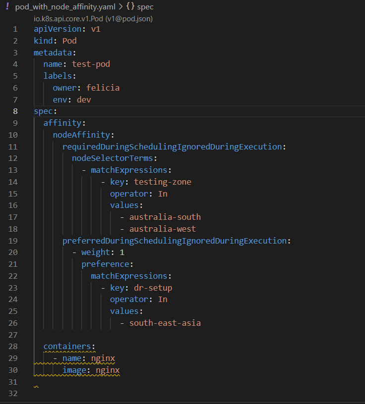 unofeliz's tweet photo. Below is the definition file of pod with #nodeaffinity in #kubernetes which is an important part of scheduling a pod on a node. This definition also includes 2 types of it for better understanding @Azure @googlecloud @CloudNativeFdn #azure #GoogleCloud #devops #CloudComputing https://t.co/q1QhD03WTW