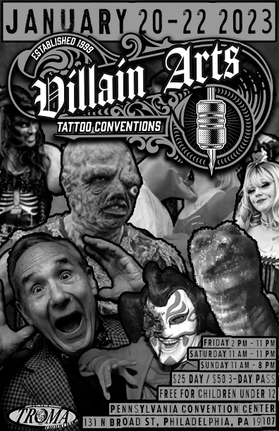 The @Troma_Team will be at the VILLAN ARTS TATTOO CONVENTION in #Philadelphia on Jan 20-22! Come out and show off your #TROMA #TATTOOS, pick up some TROMA #swag, & MEET @lloydkaufman AND THE TROMA TEAM! @TromaNOWApp @GoryGarrett1 @80sbabyTru @J_T_Mills @DoubleDementia #Philly