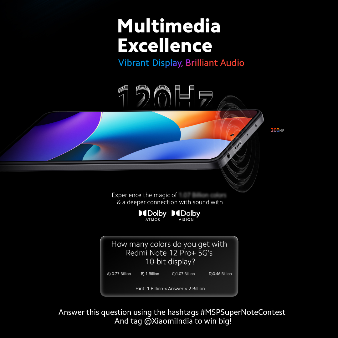 mysmartprice's tweet photo. How many colours do you get with Redmi Note 12 Pro+ 5G's 10-bit display?

Answer correctly and 8 lucky winners stand a chance to win Amazon vouchers worth INR 1,000.
Check out the phone here: https://t.co/Sgrq6GHobh
#RedmiNote12 #MSPSuperNoteContest @RedmiIndia https://t.co/5wmkmm7YKJ