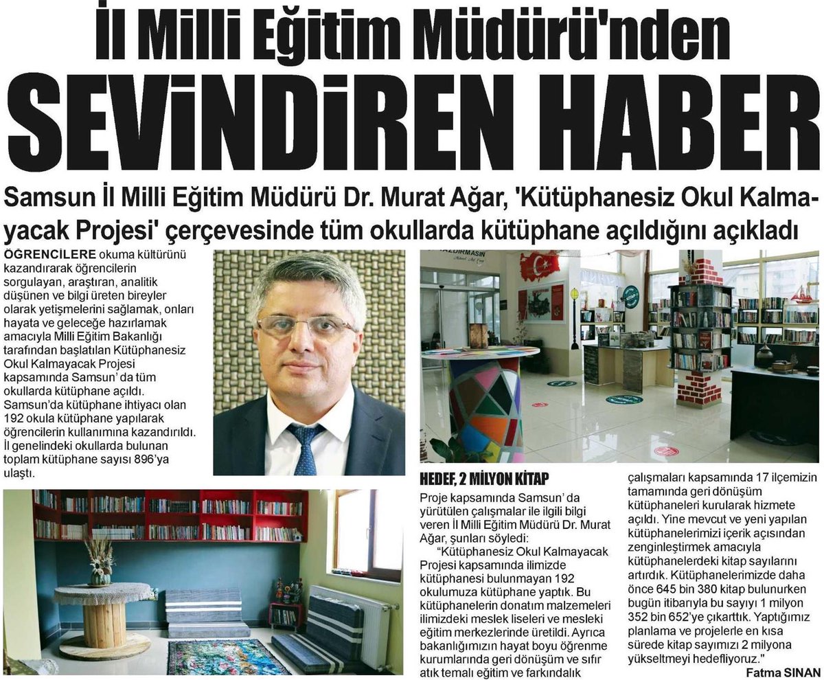samsunmem's tweet photo. Milli Eğitim Bakanlığı tarafından başlatılan Kütüphanesiz Okul Kalmayacak Projesi kapsamında Samsun' da tüm okullarda kütüphane açıldı. @tcmeb @muratagar60 
👇
https://t.co/PAqZooC1xj https://t.co/ZtL9lrR05Q