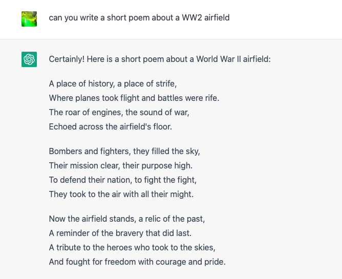 NewForestRamble's tweet photo. I just asked an Artificial Intelligence software engine to write a short poem about a WW2 airfield. 

Here's what it came back with.

Mind blown😲🤯 https://t.co/FqGU3I4yIR