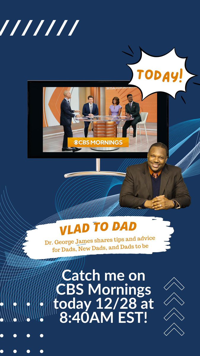 Dr. George James (@georgetalks) on Twitter photo I’m looking forward to sharing tips & advice for dads, new dads and dads to be today on <a href="/CBSMornings/">CBS Mornings</a>.
#cbsmornings #dad #parenting #mentalhealth #drgeorgejames I’m looking forward to sharing tips & advice for dads, new dads and dads to be today on <a href="/CBSMornings/">CBS Mornings</a>.
#cbsmornings #dad #parenting #mentalhealth #drgeorgejames