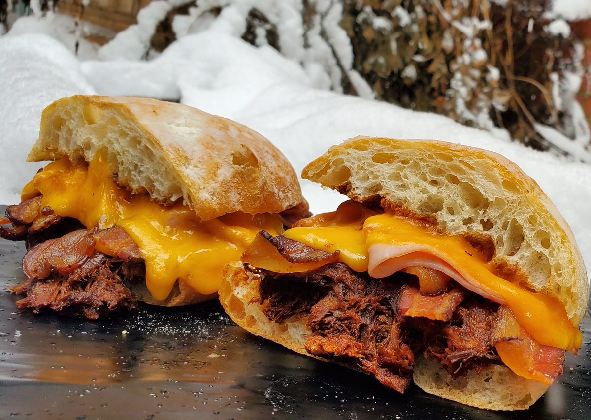 Bestbrewdeli's tweet photo. Nothing contrasts this cold weather better than the "Three Little Pigs" - hot ham, melted cheddar, thick sliced bacon, BBQ pulled pork on toasted ciabatta!🥓❄️
.
Also it's Wednesday, that means #freesampling tonight!  More details later 🍻
.
Order online https://t.co/2qRgqN4rSk https://t.co/awWeBjEu6e