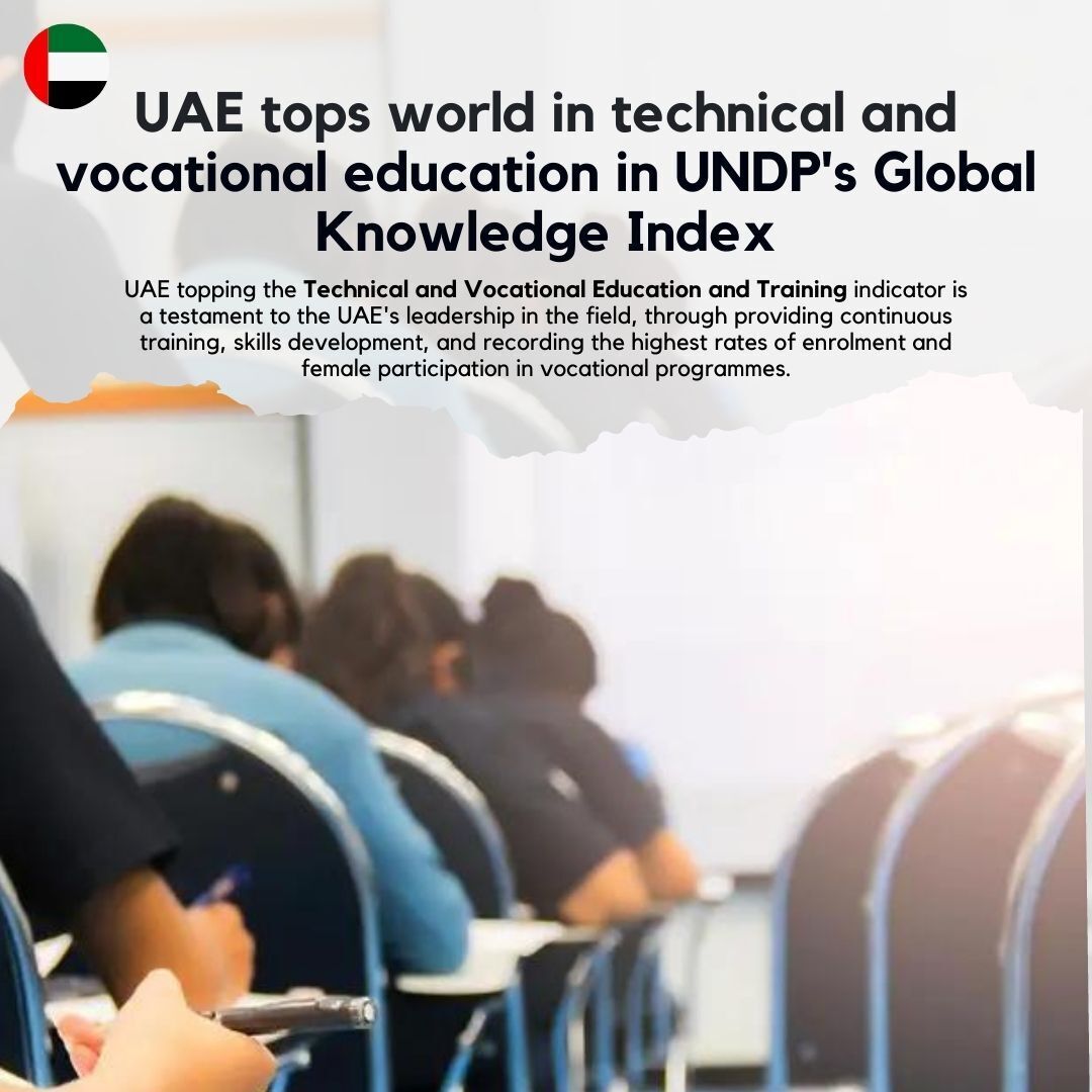 The UAE leads the way by providing extensive training and opportunities for skill development, as well as by having the highest rates of enrollment and female participation in vocational programs. #UAE #UNDP #GlobalKnowledgeIndex #Education