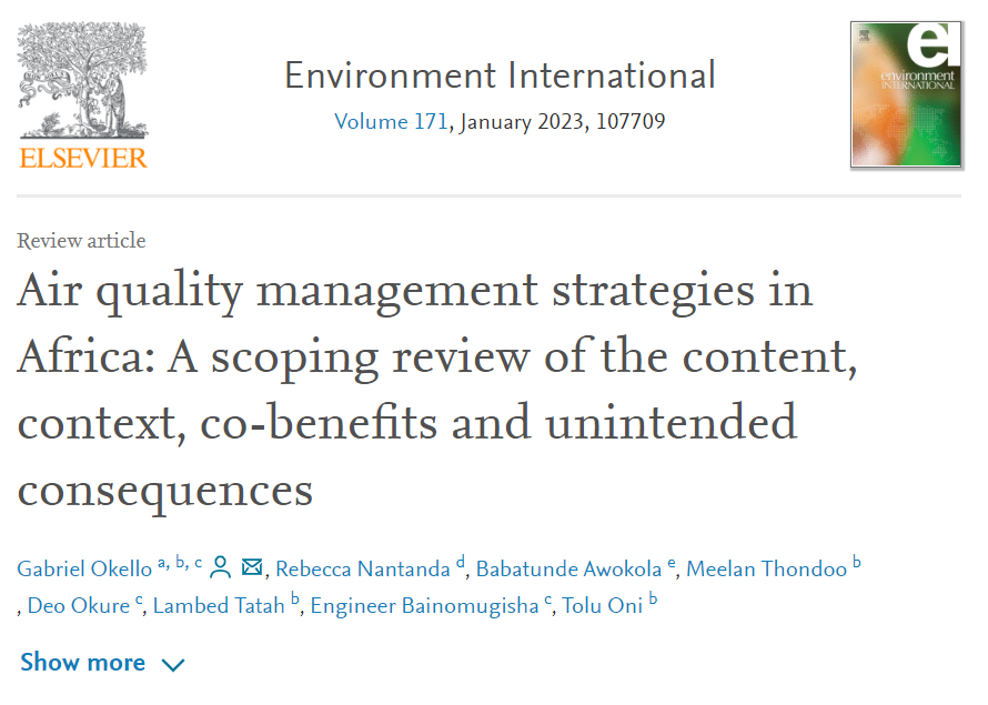 Glad to share our paper exploring Air quality strategies in Africa with focus on the content, context, co-benefits and unintended consequences of developed and implemented strategies. 
doi.org/10.1016/j.envi…
<a href="/AirQoProject/">AirQo</a> <a href="/DrTolullah/">Prof Tolullah Oni</a> <a href="/MeelanThondoo/">Meelan Thondoo</a> <a href="/iBaino/">Engineer Bainomugisha</a> <a href="/tatahlambed/">Lambed Tatah</a> <a href="/OkureDo/">Deo Okure</a>