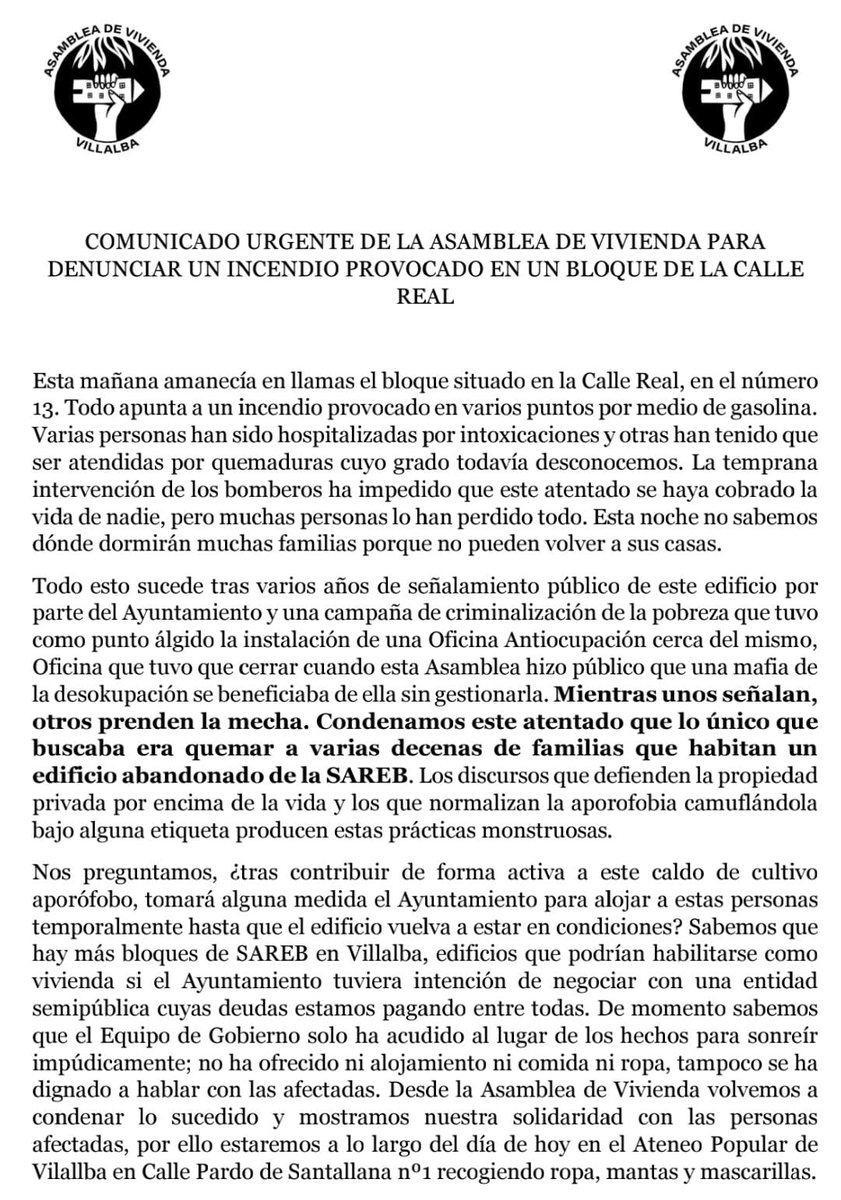 VillalbaViviend's tweet photo. INCENDIO PROVOCADO EN LOS BLOQUES DE @SAREB DE LA C/ REAL EN VILLALBA 

Han intentado quemar vivas a un centenar de personas. 

Esto es consecuencia de la estigmatización mediática e institucional de las personas que okupamos.

Necesitamos difusión: que se sepa esta violencia 🧵 https://t.co/3TDHhqOtY5