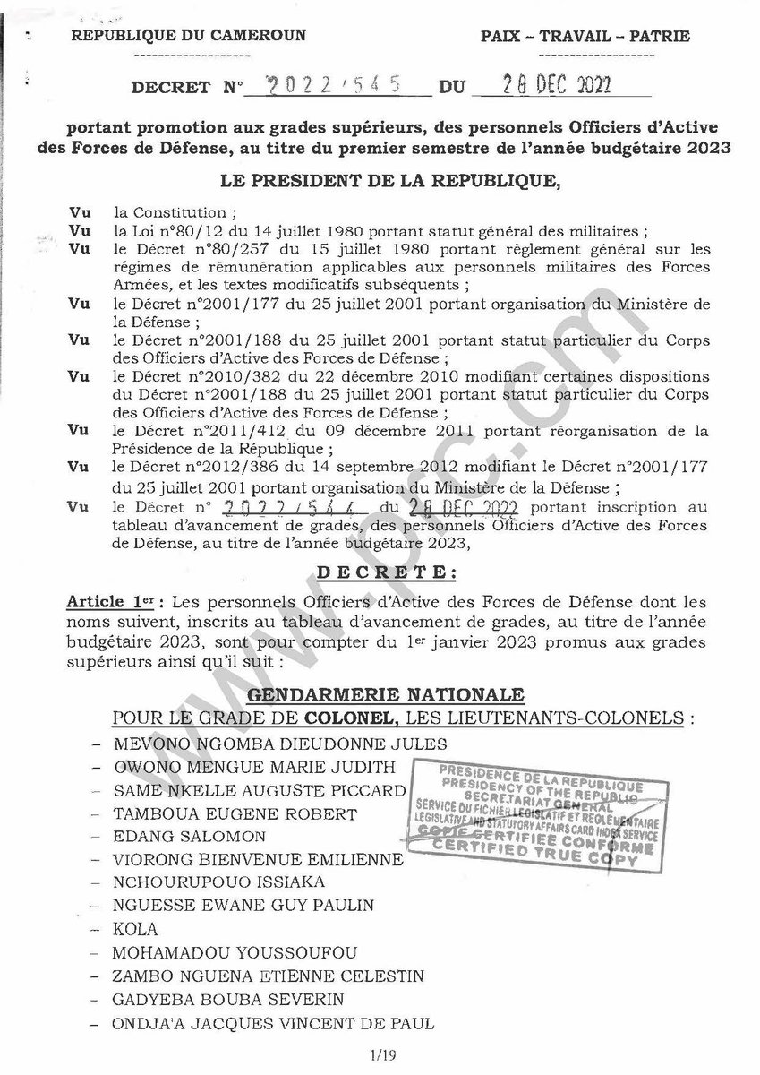 PR_Paul_BIYA's tweet photo. Décret portant promotion aux grades supérieurs, des personnels Officiers d’Active des Forces de Défense, au titre du premier semestre de l’année budgétaire 2023.

L'intégralité du texte : https://t.co/syaQJ51XM6

#PaulBiya
#Cameroun https://t.co/7vHRfCd7Id