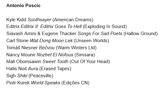 The list of lists! There's so much great music in <a href="/thewiremagazine/">The Wire Magazine</a> contributors' charts. 🤯 And with little overlap between them, you get hundreds of albums to explore.

Here are the picks I had submitted, feat. <a href="/KyleKiddMusic/">Kyle Kidd</a>, <a href="/eisenbergsounds/">Wendy Eisenberg</a>, @capgrasman and more.