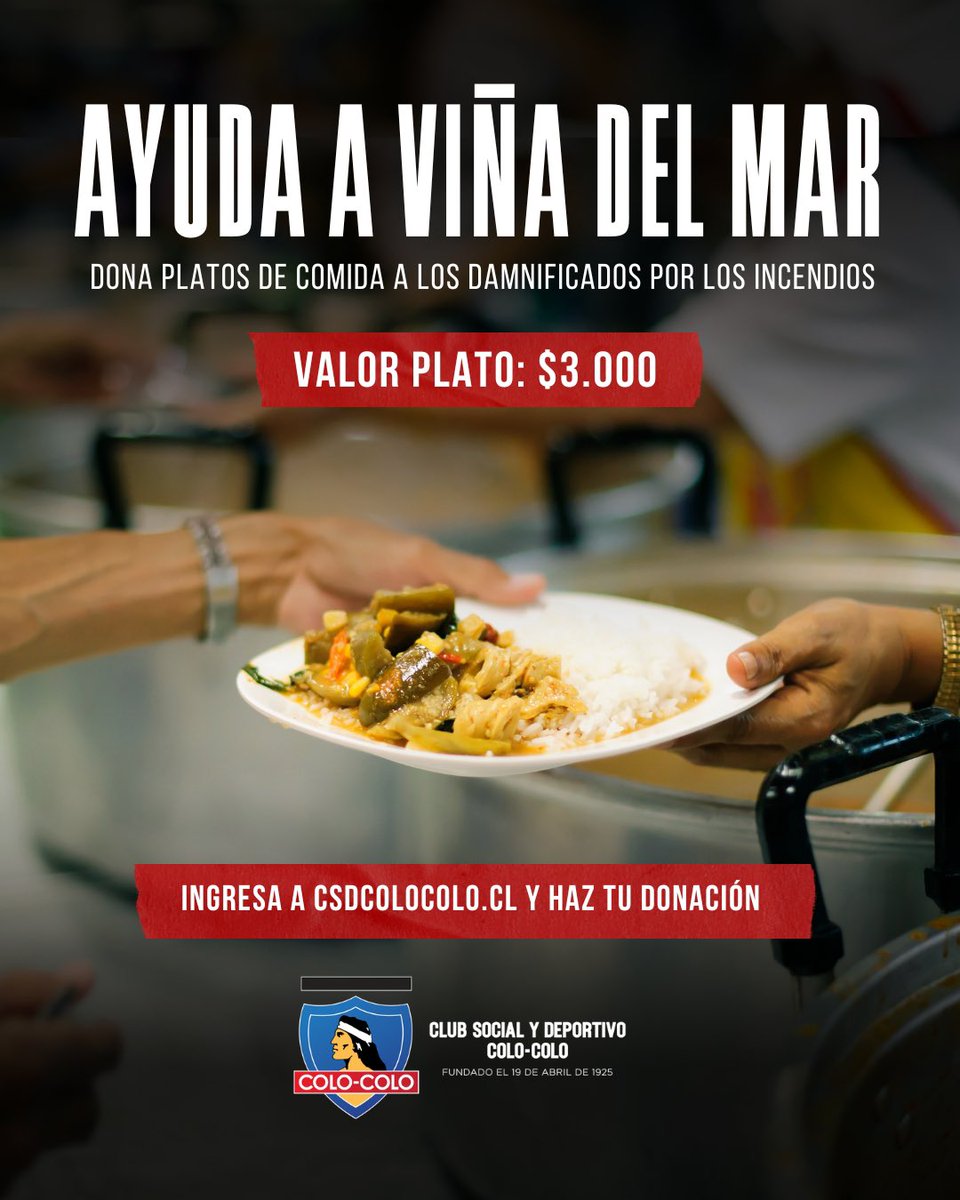 𝐀𝐘𝐔𝐃𝐄𝐌𝐎𝐒 𝐀 𝐕𝐈𝐍̃𝐀 𝐃𝐄𝐋 𝐌𝐀𝐑 🤍🖤

El pueblo colocolino solidariza con los damnificados por los incendios 🫶

👉🏽 Dona platos de comida desde $3.000, aquí: bit.ly/3vopDjk

¡Haz tu donación y apoya a las familias que más lo necesitan!
