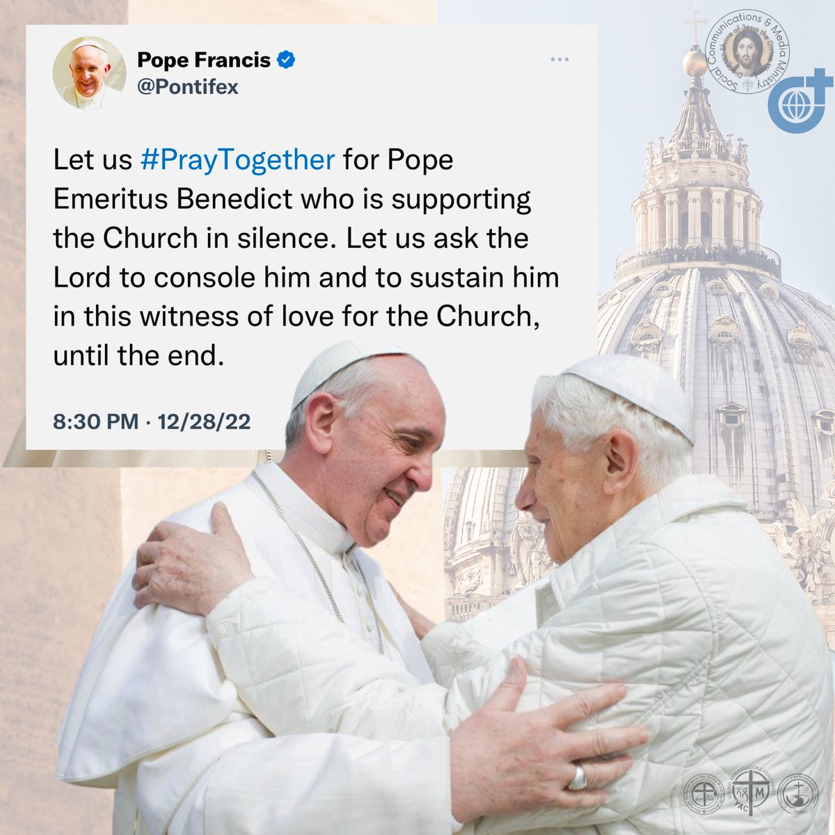 Let us #PrayTogether…
(Pope Francis - December 28, 2022)

#HolyFatherTweets #PopeFrancisTwitterTweets
#PapalTweets #PontifexTweets #SVD #DSJDW #CtKMS  #YAC #YMAC #SYM #SVDyouth #PrayForPopeEmeritus (ctto)