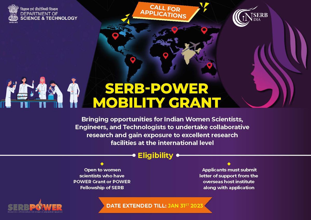 .@serbonline is pleased to extend last date for submission of project proposals under 'SERB Power Translation Grant' and 'SERB Power Mobility Grant' until 31st January 2023. Please hurry up n submit ur proposal by due date. @DrJitendraSingh @srivaric @IndiaDST