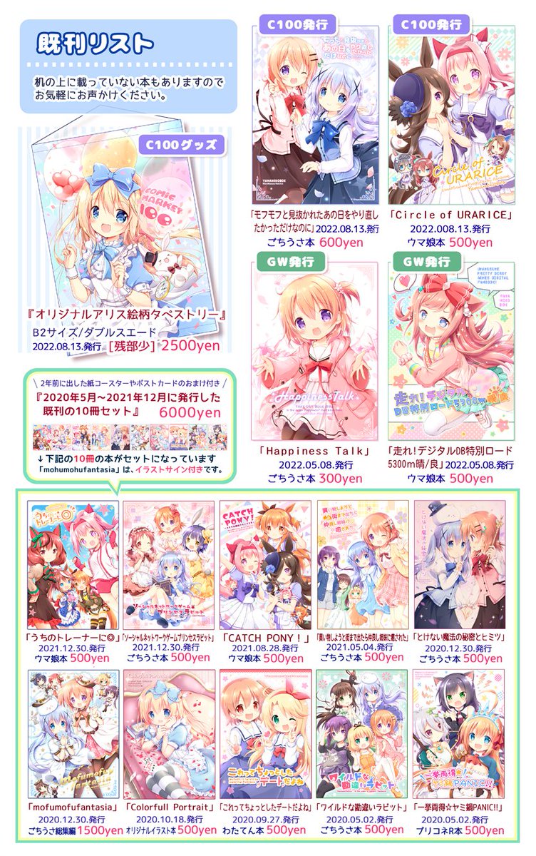 12/30(金)冬コミ1日目『東シ-45a山猫BOX』
お品書き(完成Ver)です。
新刊は、ごちうさ本とウマ娘本の2冊を作りました!
グッズとのセットや、色紙やポスターが当たる抽選券企画などもありますので、どうぞよろしくお願いします😊
#C101 #C101お品書き