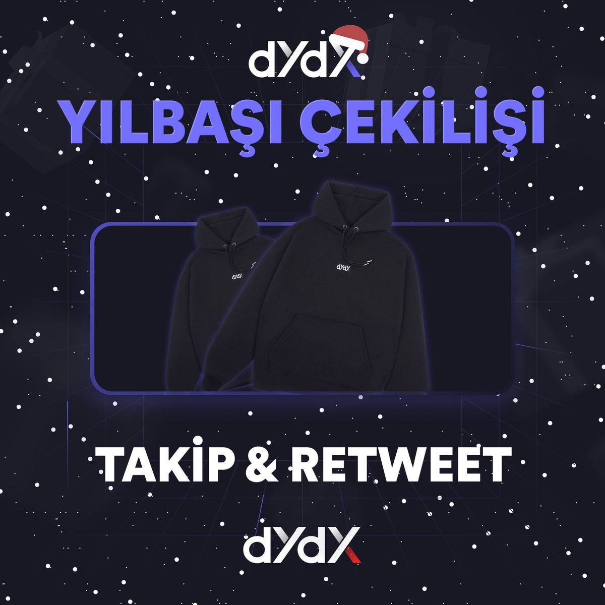 Sevgili dYdX Türkiye topluluğu!

Siz değerli takipçilerimiz için yılbaşı çekilişi ile karşınızdayız 🎄

Yeni yılı kutlamak amacıyla 20 adet dYdX Hoodie'si hediye ediyoruz!

📌 <a href="/dYdXTurkiye/">dYdX Türkiye</a>'yi takip etmen
📌 Retweet etmen

yeterli olacaktır.

1 Ocak günü kazananlar açıklanacaktır.
