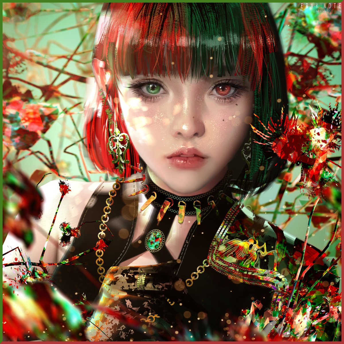 Erak_Note's tweet image. Flower and Iron - red&amp;amp;green.
owner is @chlagousami 
photoshop drawing.