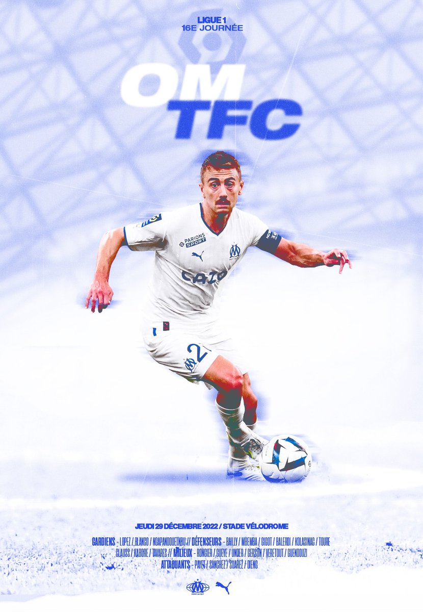 alexisc_design's tweet photo. 𝙊𝙈 - 𝙏𝙁𝘾 / Le come-back au Vélodrome 💙

J16 de Ligue 1 | 29-12-22 | 19h00

RT 🔁 &amp; 🤍 Like la #TeamOM
#OMTFC @OM_Officiel @Valrongier28 https://t.co/HDUXCdZG42