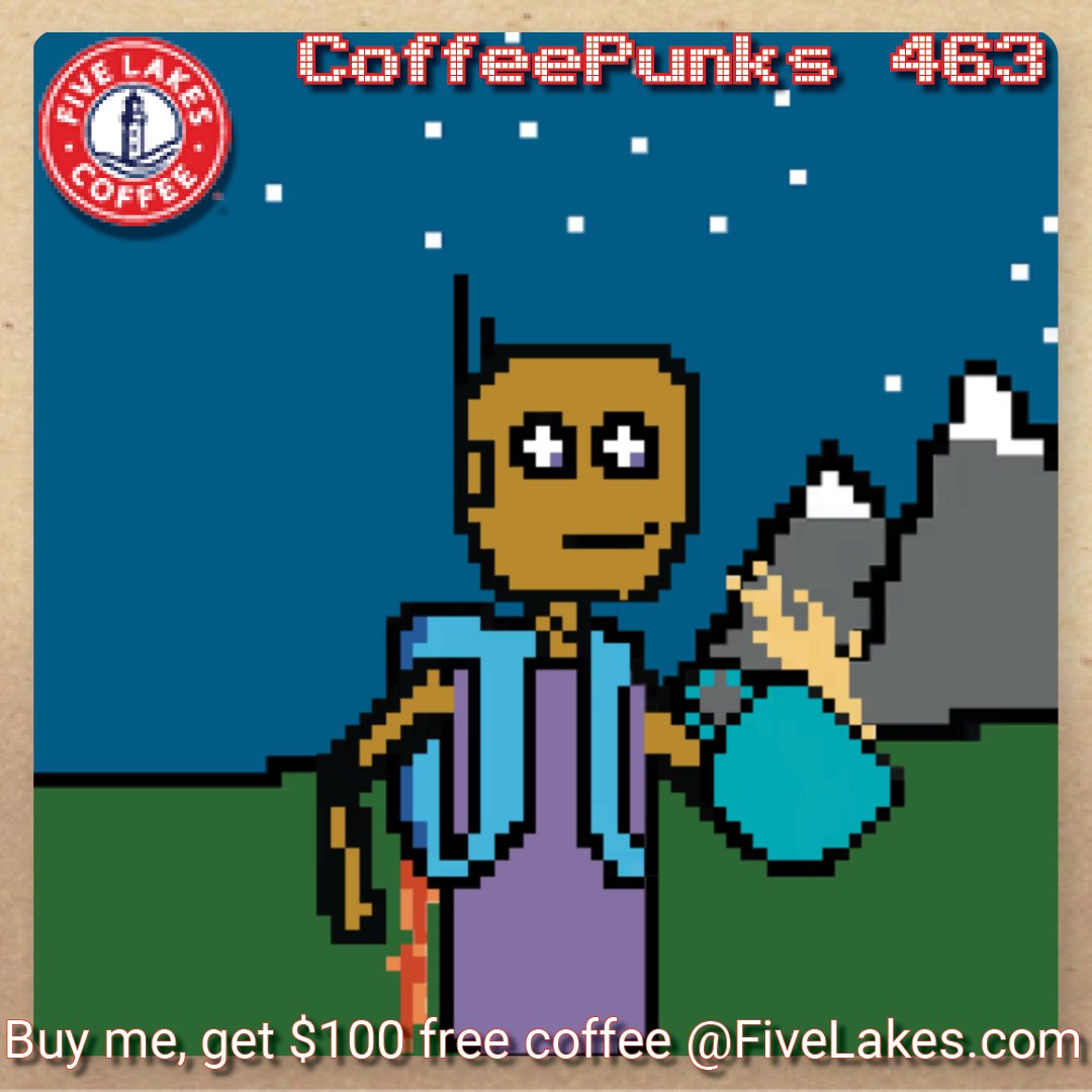 FiveLakesCoffee's tweet photo. GM #NFTCommunity 
Fire Fighter Mug, Cape, and looking right blue glasses makes CoffeePunks 463 unique with some of the rarest traits owned by a CoffeePunk. 

All CoffeePunks come with a 5LKS Trading Card that has a $100 code usable at https://t.co/5w0HvDTPbY. https://t.co/d2xZ8R6l0B